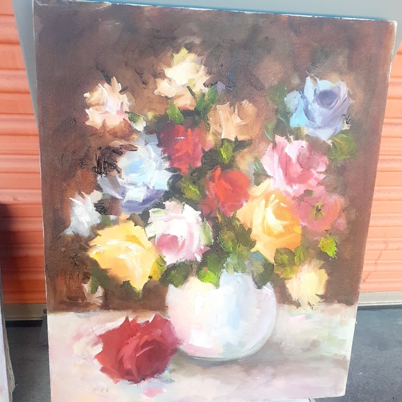 Orig Pink RED Blue Roses Floral Oil Painting ART 16x20 Romantic Lavende… - Picture 9 of 9